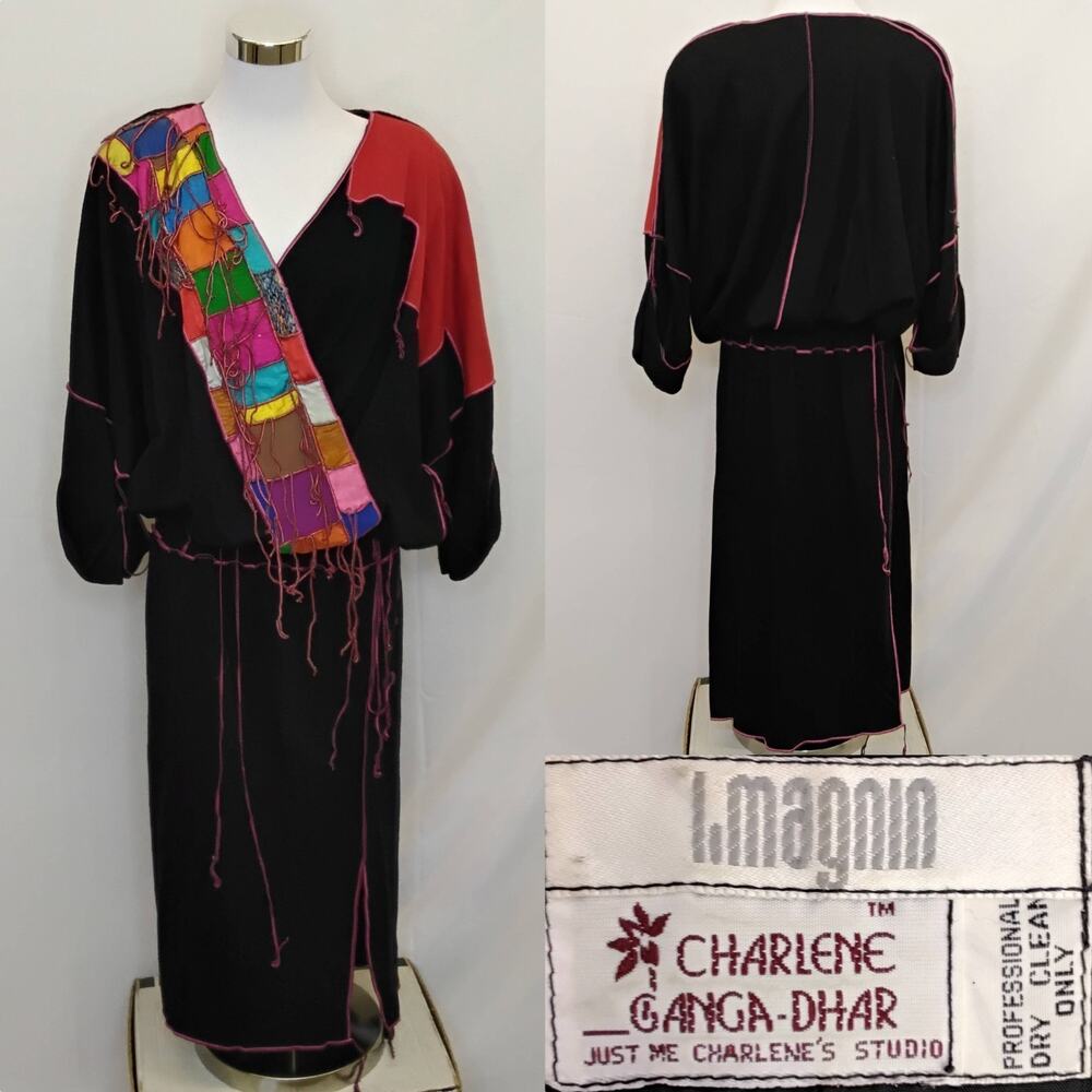I. Magnin x Charlene Ganga-Ghar Dress Women's L Black Pink Knit Patchwork #J5793